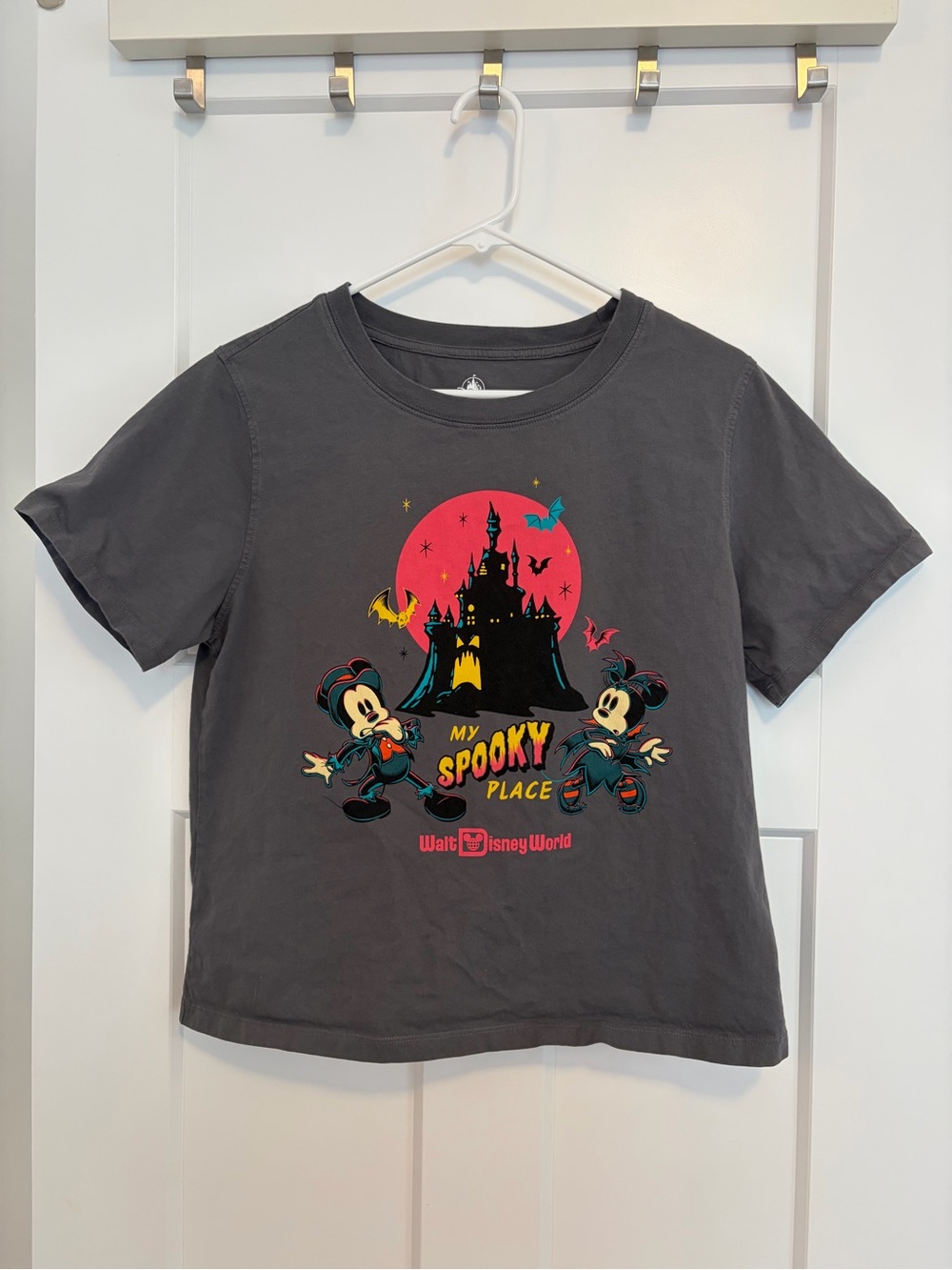 NWOT Disney Charcoal Tee with Pink Moon & Multicolor Mickey Halloween Graphic